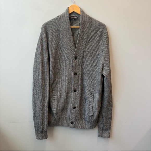 Express XL Cardigan Sweater Shawl Collar Gray Button-Up Wool Blend Pockets - Picture 1 of 12